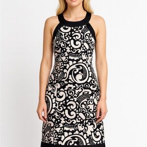 White House Black Market Black and Cream Patterned Midi Dress